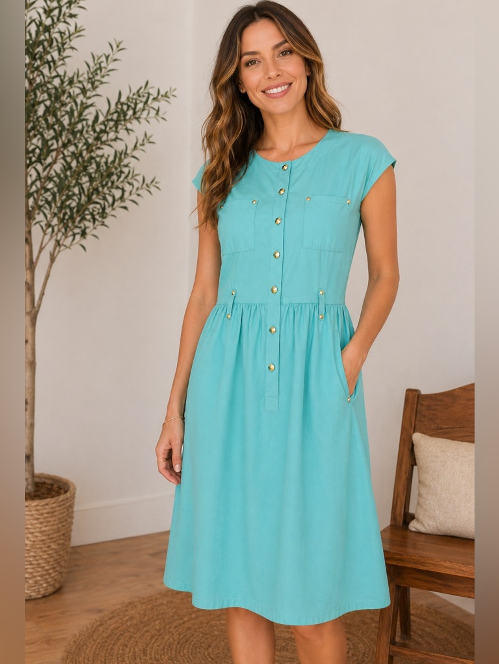 Turquoise Cotton Button Down Shirt Dress w/ Pockets Gold Stud Detail Boho Size S